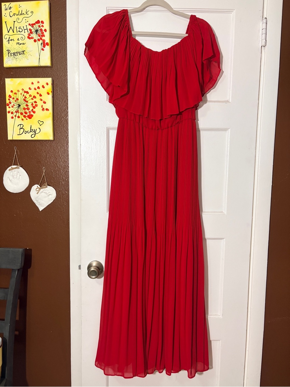 Premier Amour Bright Red Maxi Dress off shoulder ruffle top